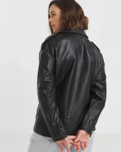 Black Oversized Crinkle Textured PU Biker