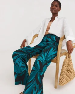 Black Palm Printed Spun Viscose Pull On Wide Leg Trousers