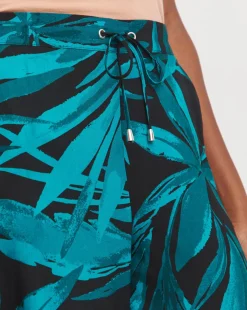 Black Palm Printed Spun Viscose Pull On Wide Leg Trousers