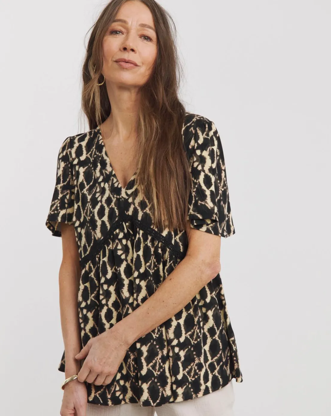 Black Print Crochet Contrast Top