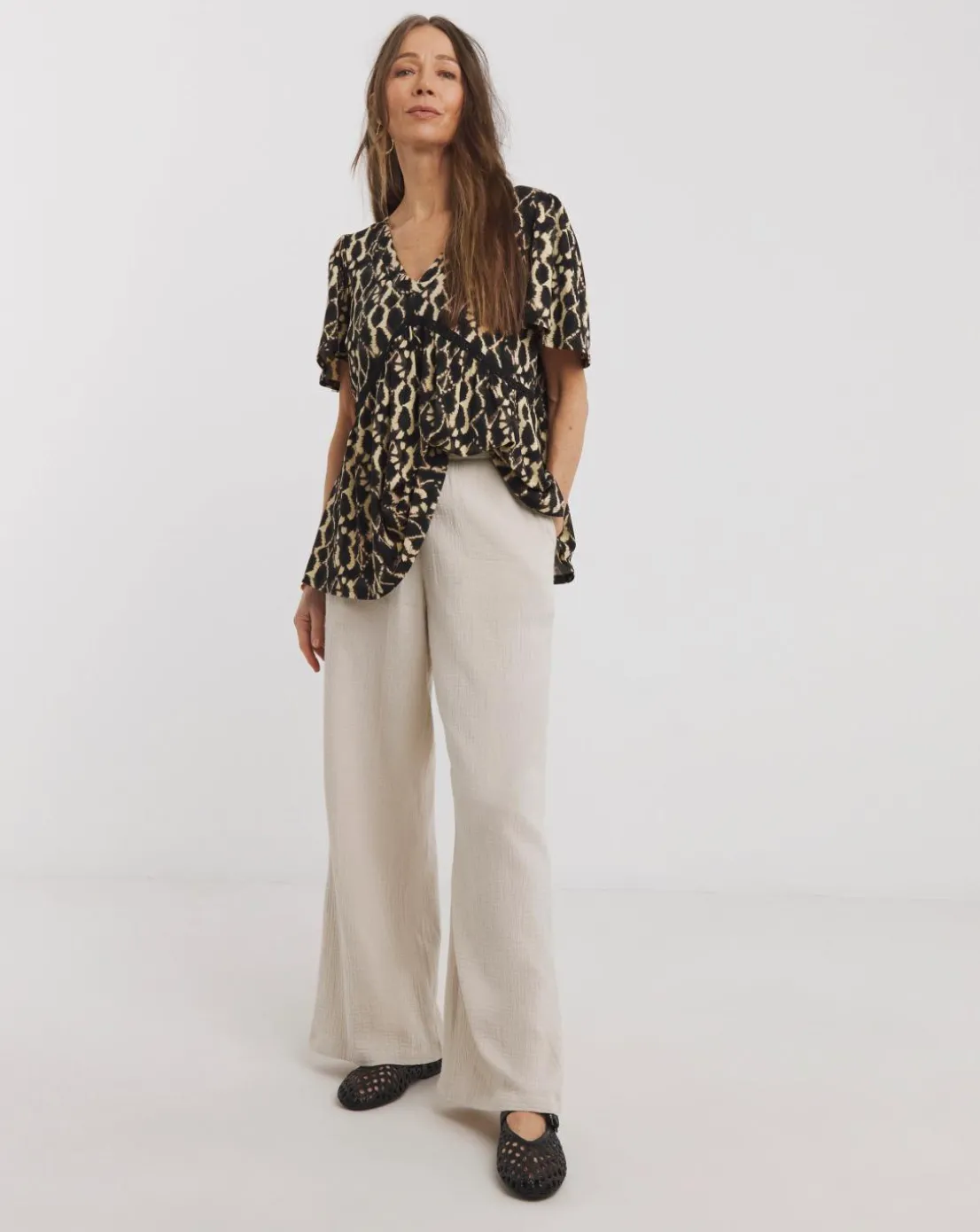 Black Print Crochet Contrast Top