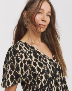 Black Print Crochet Contrast Top