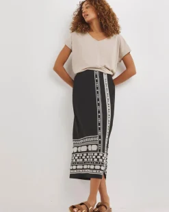 Black Print Pull On Column Midi Skirt