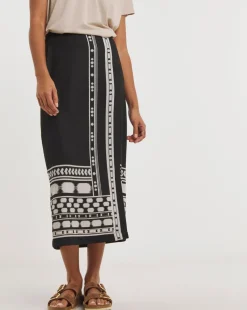 Black Print Pull On Column Midi Skirt