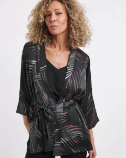 Black Print Satin Kimono With Tie Belt