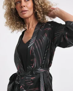Black Print Satin Kimono With Tie Belt
