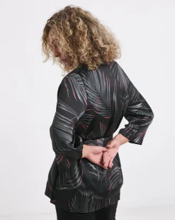 Black Print Satin Kimono With Tie Belt