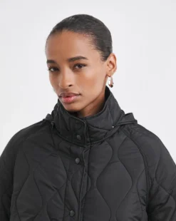 Black Quilt Collar Mid Length Jacket