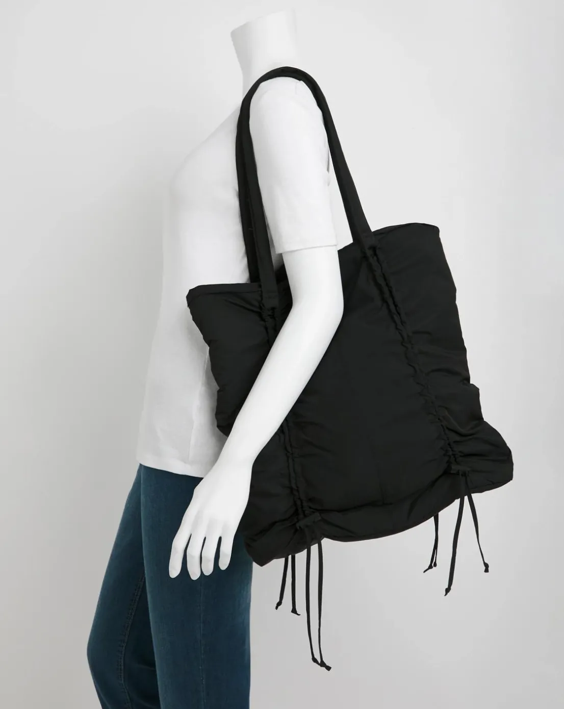 Black Ruched Detail Nylon Tote Bag