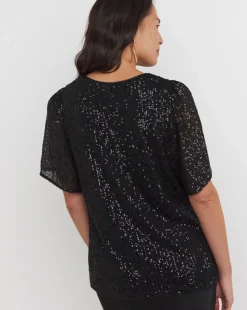 Black Sequin Angel Sleeve Top