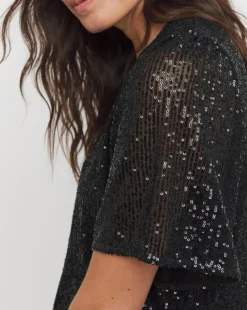Black Sequin Angel Sleeve Top
