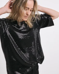 Black Sequin Crew Neck Boxy T-Shirt