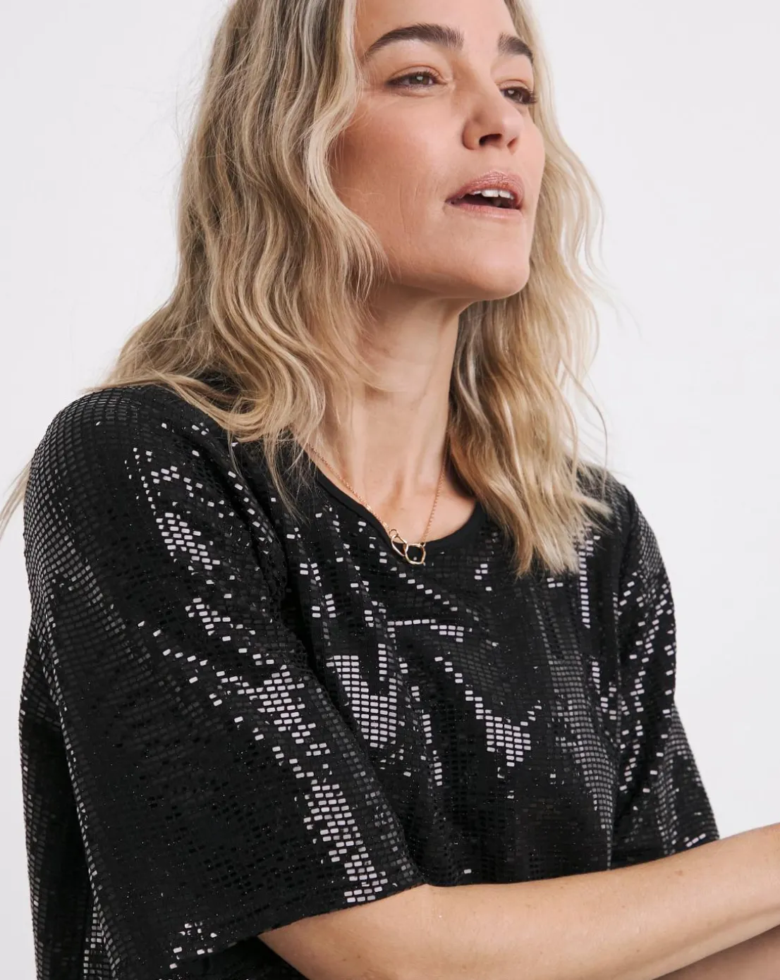 Black Sequin Crew Neck Boxy T-Shirt