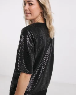 Black Sequin Crew Neck Boxy T-Shirt