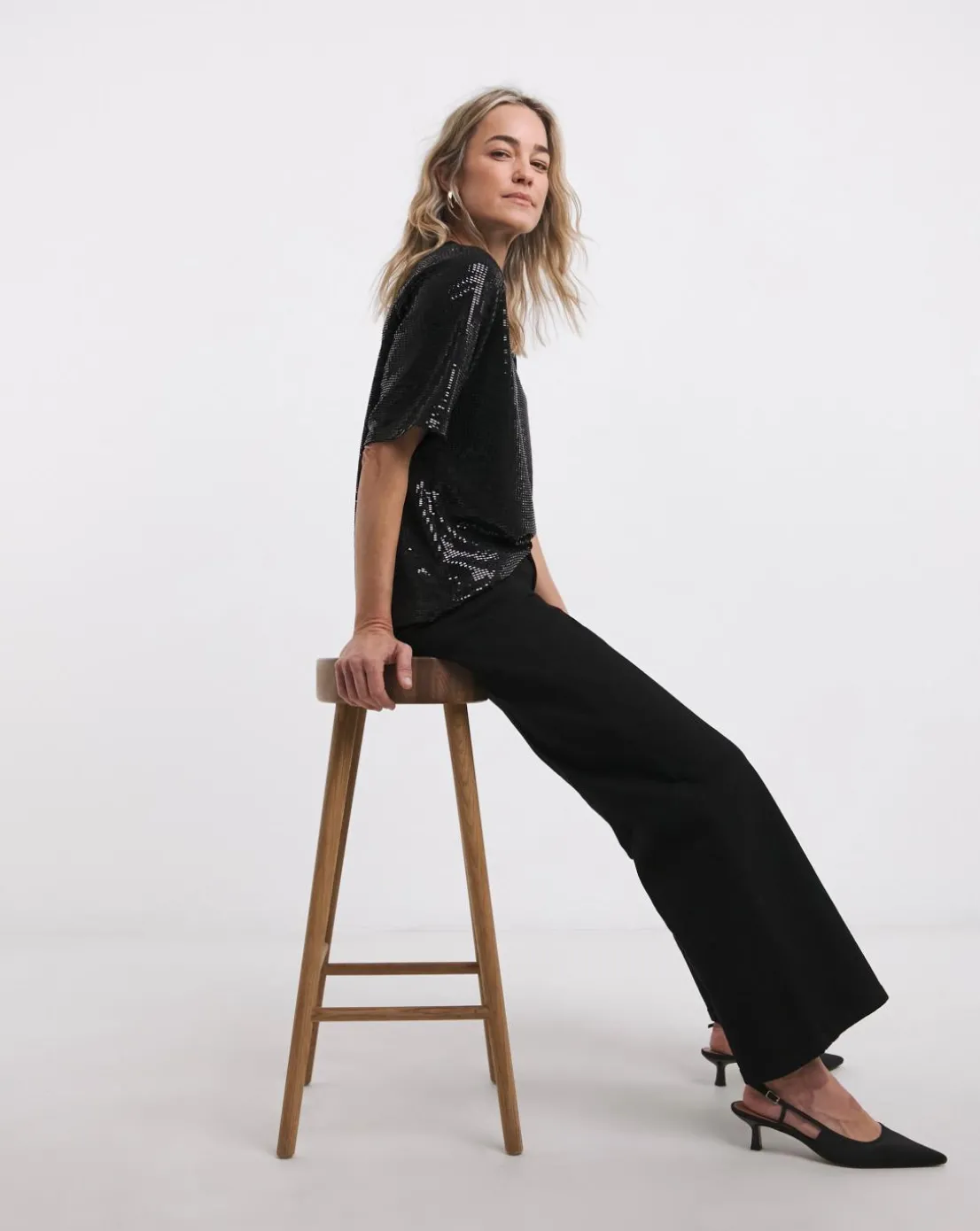 Black Sequin Crew Neck Boxy T-Shirt