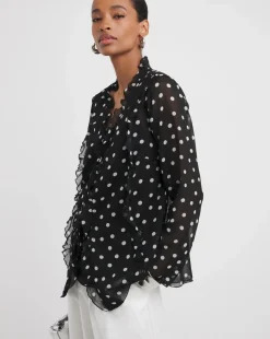 Black Spot Tie Detail Ruffle Blouse