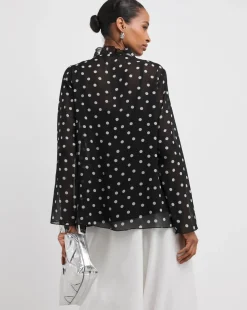 Black Spot Tie Detail Ruffle Blouse