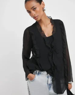 Black Tie Detail Ruffle Blouse