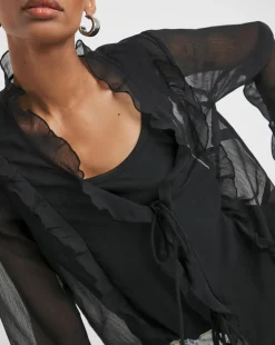 Black Tie Detail Ruffle Blouse