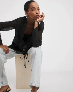 Black Tie Detail Ruffle Blouse