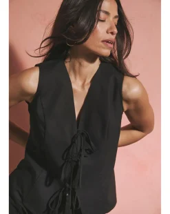 Black Tie Front Linen Mix Waistcoat