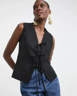 Black Tie Front Linen Mix Waistcoat