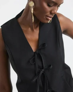 Black Tie Front Linen Mix Waistcoat