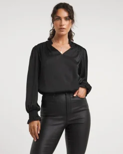 Black V Neck Satin Yoryu Blouse