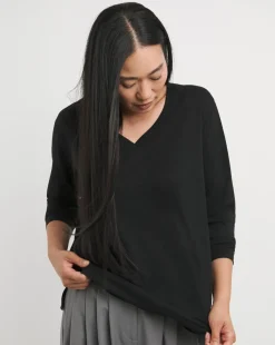 Black V-Neck Longline Split Hem Slouch T-Shirt