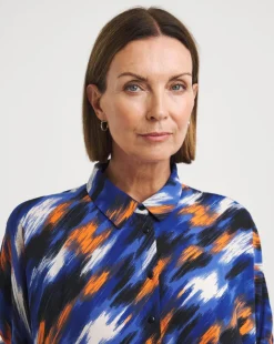 Blue Abstract Short Sleeve Oversized Blouse