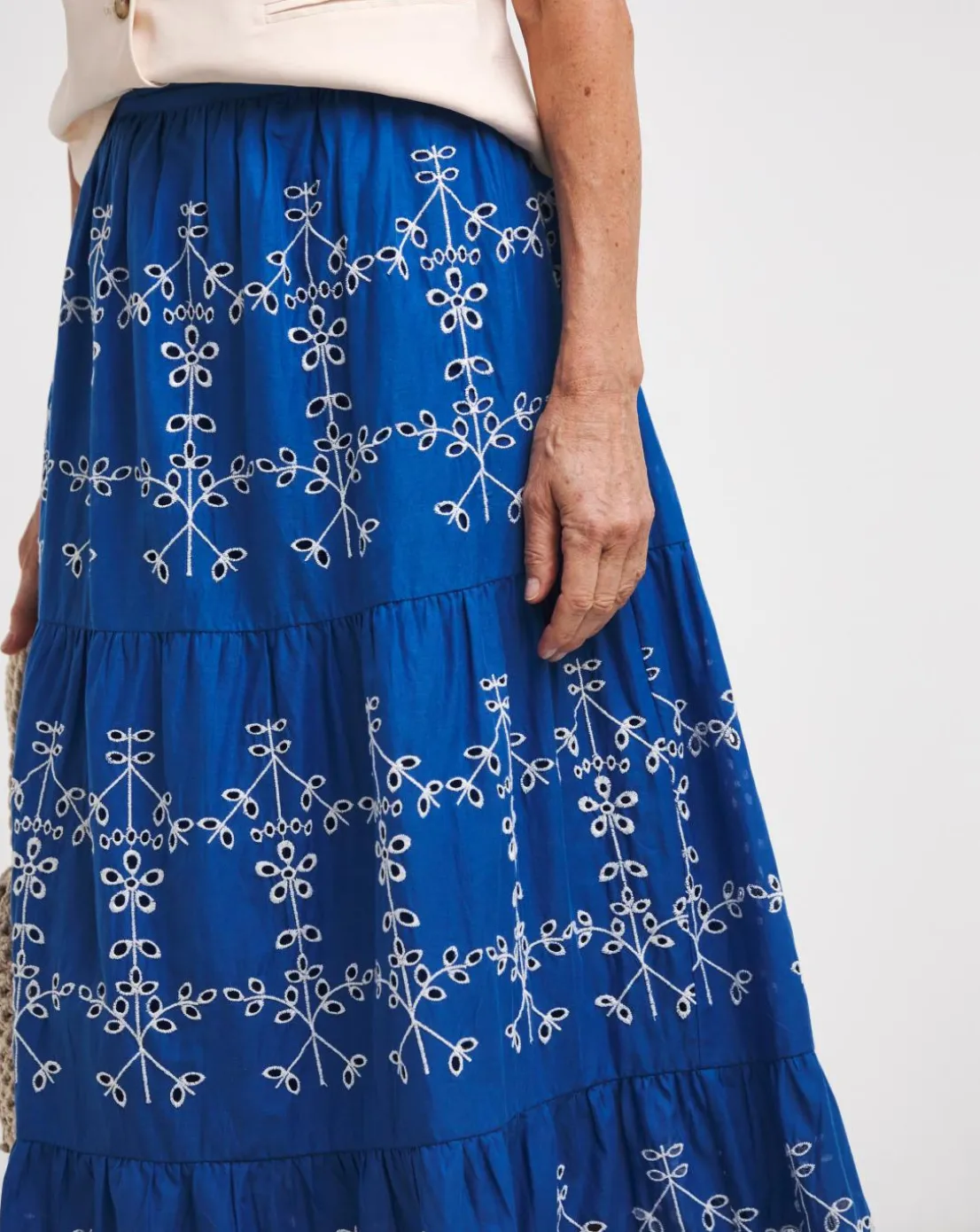 Blue Broderie Tiered Pull On Maxi Skirt
