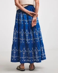 Blue Broderie Tiered Pull On Maxi Skirt