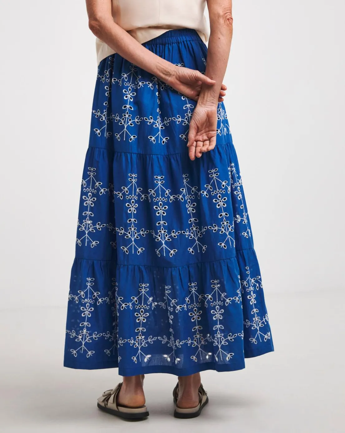 Blue Broderie Tiered Pull On Maxi Skirt