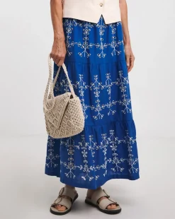 Blue Broderie Tiered Pull On Maxi Skirt