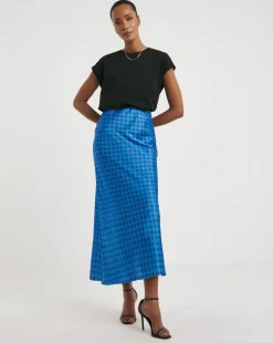 Blue Geo Printed Satin Slip Skirt