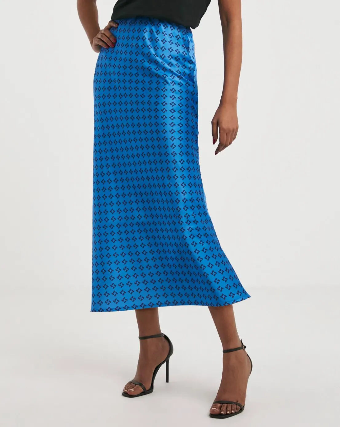 Blue Geo Printed Satin Slip Skirt