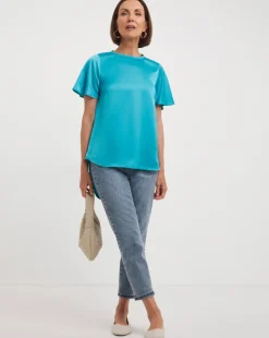 Blue Jersey Back Satin Top