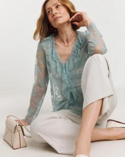 Blue Lace Frill Front Blouse