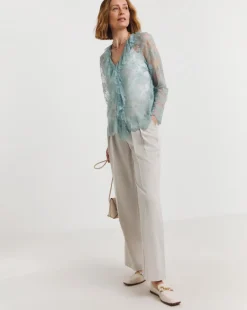 Blue Lace Frill Front Blouse