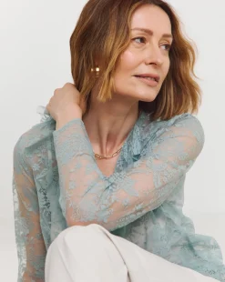 Blue Lace Frill Front Blouse