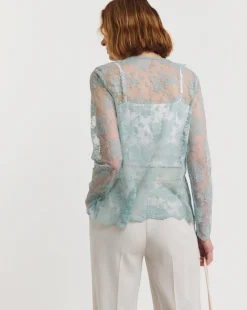 Blue Lace Frill Front Blouse