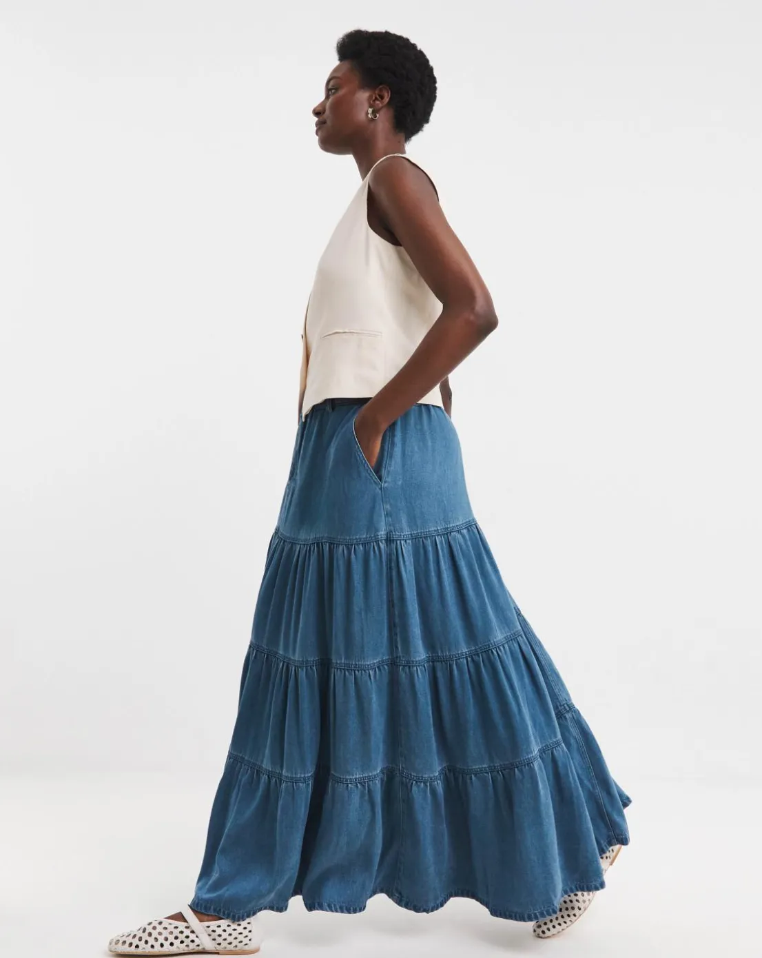 Blue Lyocell Soft Maxi Tiered Denim Skirt