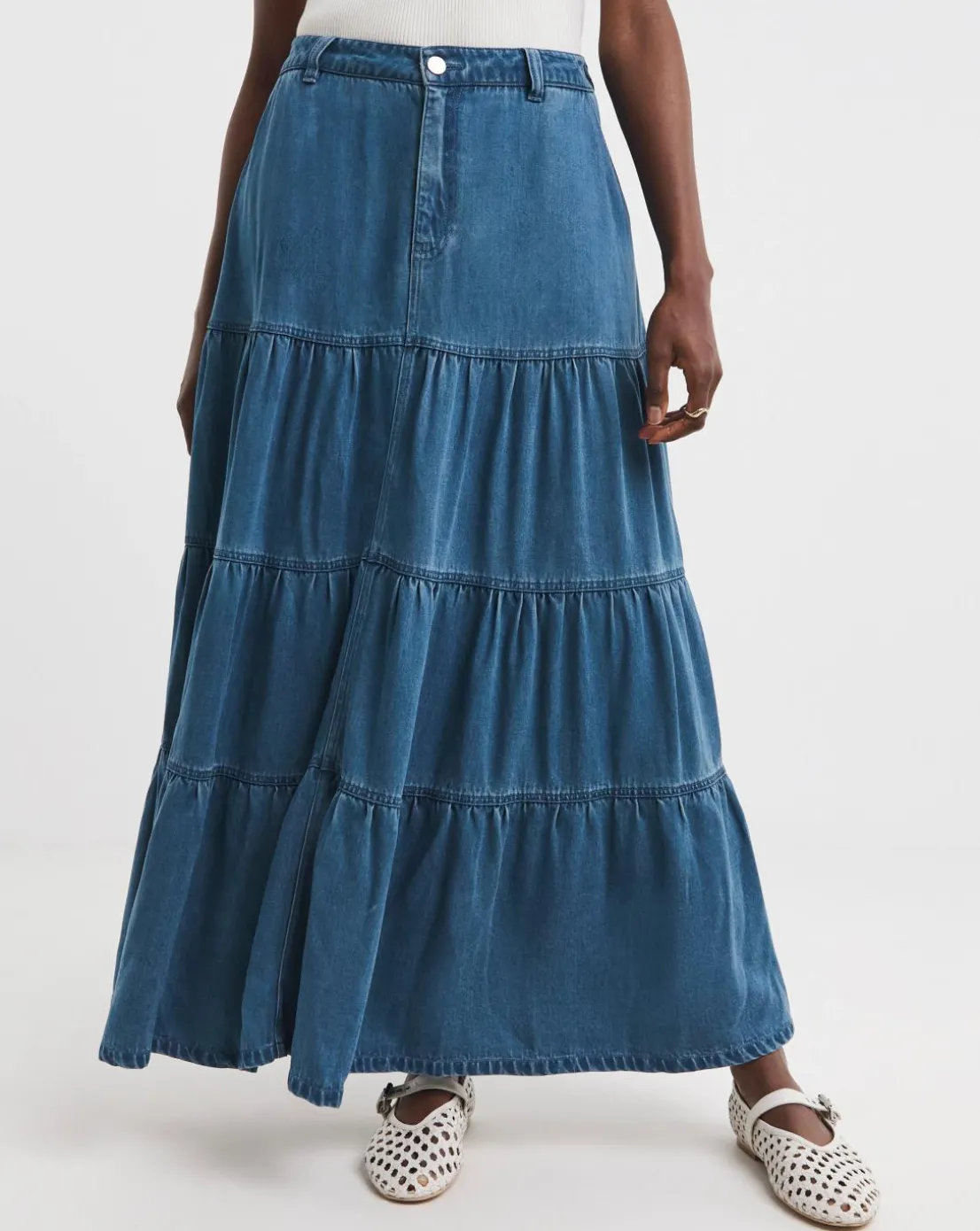 Blue Lyocell Soft Maxi Tiered Denim Skirt