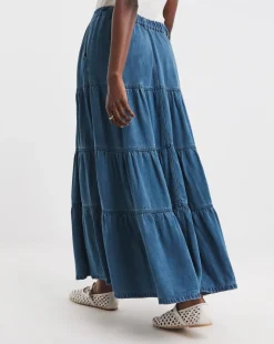 Blue Lyocell Soft Maxi Tiered Denim Skirt