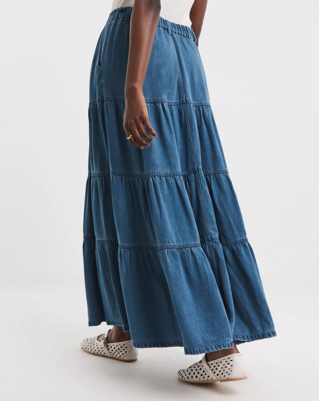 Blue Lyocell Soft Maxi Tiered Denim Skirt