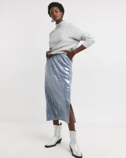 Blue Mesh Sequin Column Midi Skirt