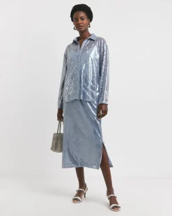 Blue Mesh Sequin Column Midi Skirt