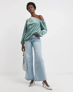 Blue Off The Shoulder Velvet Top