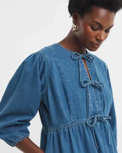 Blue Peplum Puff Sleeve Denim Dress
