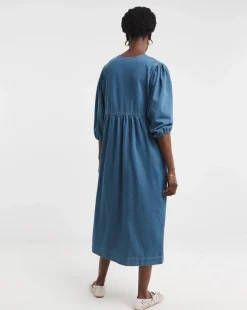 Blue Peplum Puff Sleeve Denim Dress